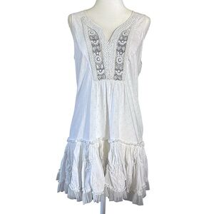 Boston Proper Ruffled Tulle Eyelet Floral Beaded White Cotton Tunic Top Small